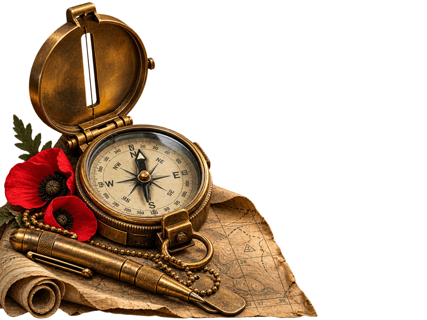 Antique Solid Brass Field Compass & Map